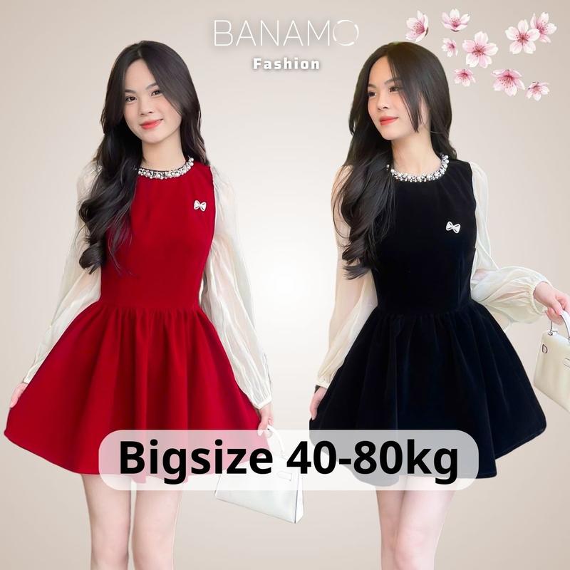 Váy nhung nữ Banamo Fashion váy nhung dáng xoè tiểu thư phối tay tơ cổ đính đá ngực gắn nơ siêu xinh 5010