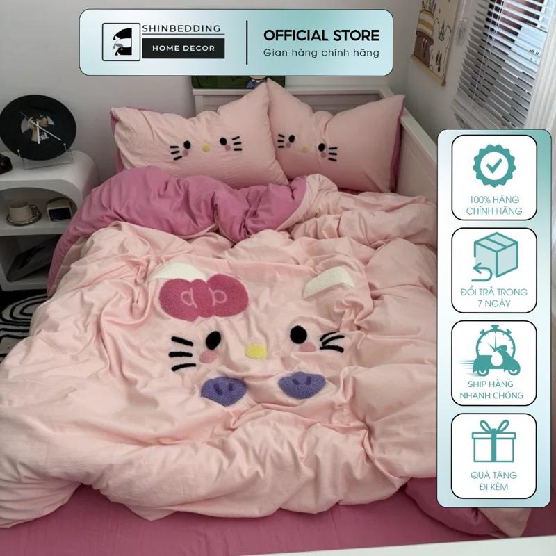 Shinbedding Set Vỏ Chăn Ga Gối Cotton Đũi Hoạ Tiết Nơ Phong Cách HQ Hello Kitty Hồng Đầu Gấu Trắng Thoáng Khí Không Ruột Chăn