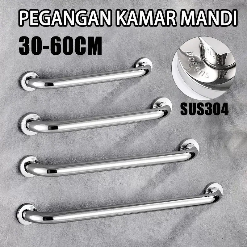 Pegangan Kamar Mandi Stainless Steel 30/40/50/60cm Anti Karat SUS304 untuk Bathtub & Toilet dengan Karet Handle dan Fisher