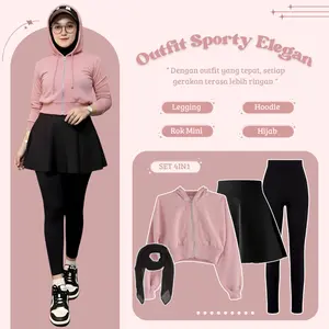 One Set Olahraga 4IN1 (HOODIE CROP TOP | CELANA LEGGING | ROK MINI FLARE | HIJAB BELLA) Outfit Tenis Padel Pilates Badminton Kekinian - SW171