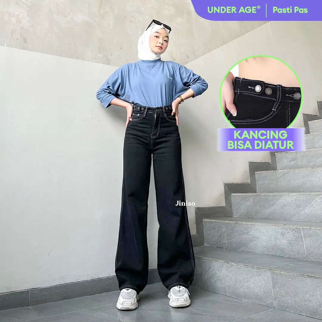 JINISO UNDER AGE - 445 Adjustable Baggy Highwaist Celana Jeans Wanita Warna Black White