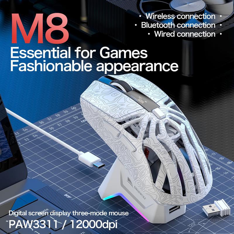 SMAILWOLF-M8 Trò chơi bluetooth không dây chuột PAW3311 12000dpi 3-mode Thiết kế rỗng Phát sáng Năng lượng cho thấy WIN/Mac/ios