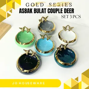 SET Asbak Bulat List Gold Keramik Premium diameter 10cm / Asbak Couple deer gold / asbak newah 40-10