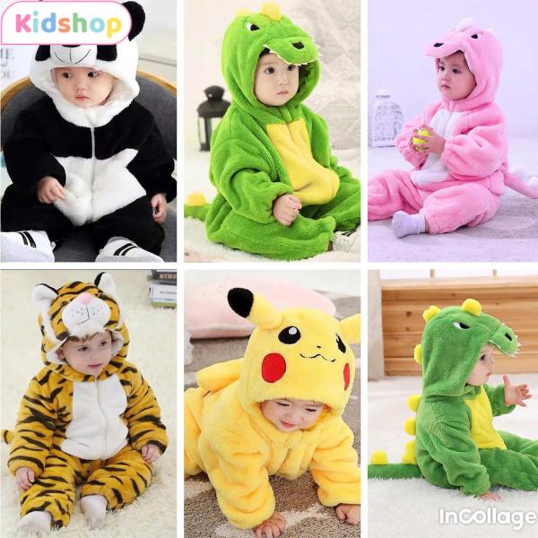 Kidshop Bộ Body Thú Lông Siêu Mềm Hình Khủng Long Pikachu Hổ Đáng Yêu Cho Bé Trai Gái Từ 4kg Đến 28kg