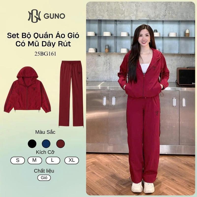 GUNO-Bộ quần áo gió NỮ GUNO có mũ logo tam giác sọc bản to 1/2 lót HABUTAI SP5 | 25BG161