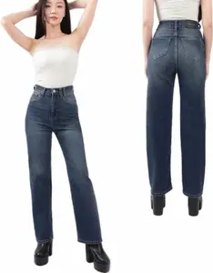 Celana jeans wanita model Boyfriend berbahan stretch nyaman pinggang tinggi warna Blue retro 212.2