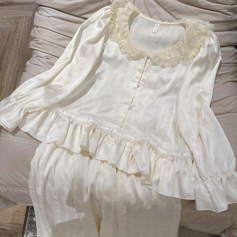 N411- Pijama lụa dài tay vân gấm hoa cổ bèo ren cho nữ - Bộ ngủ mặc nhà cho nữ women hàng quảng châu cao cấp