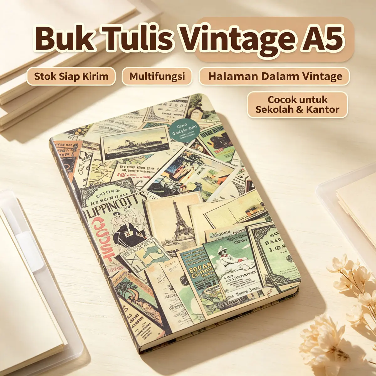 Buku catatan retro A5, dengan halaman dalam bermotif retro, kertas tebal, dan desain pembatas buku. Buku catatan multifungsi untuk buku harian sis , jurnal, mencatat, dan menggambar - Postcard-A5