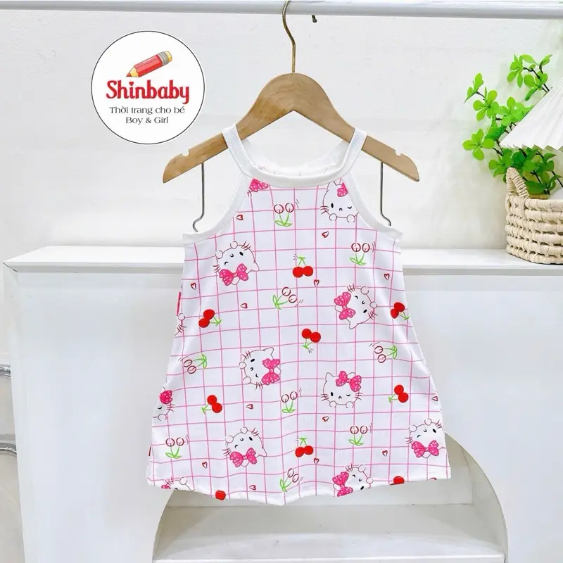 (9-40kg) Váy Hai Dây Cổ Yếm Bé Gái Thun Tăm Lạnh Mềm Mát Hình In Dễ Thương Cho Bé Gái Mặc Đi Học, Đi Chơi vaybegai