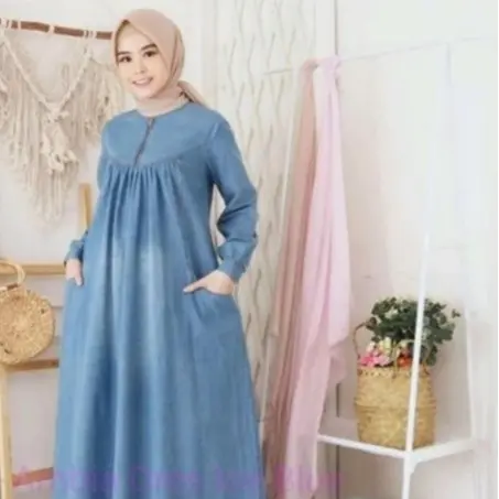 GAMIS JEANS MUSLIM WANITA KEKINIAN CANTIK DAN ELEGAN Mewah Syari | GAMIS Lebaran Dewasa |  Dress  Remaja Kondangan Pesta Simple Panjang 2