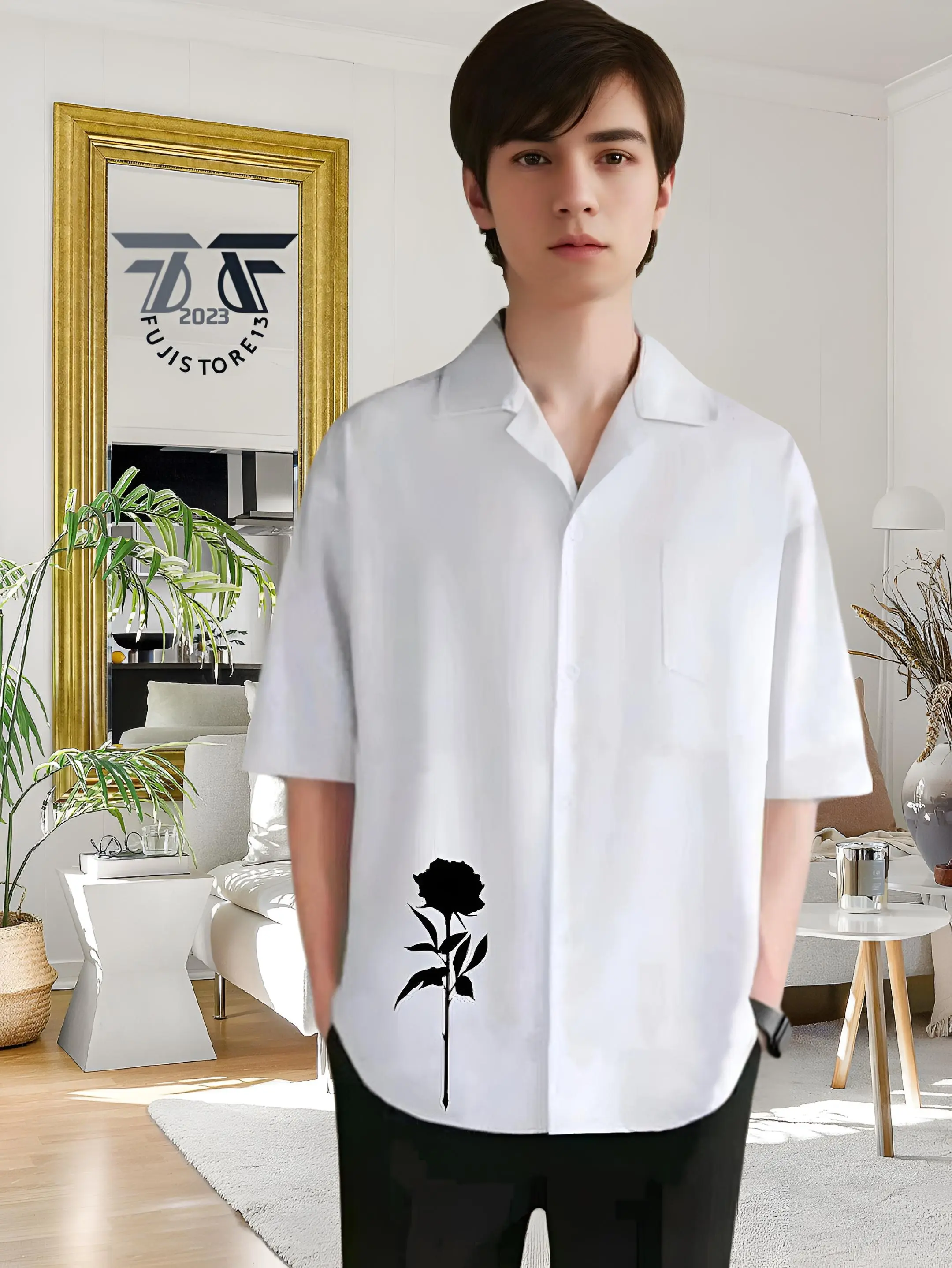 Kemeja Vintage Pria Lengan Pendek Polos Motif Dark Roses Korean Style Bahan Katun - Kemeja Kerah Piyama