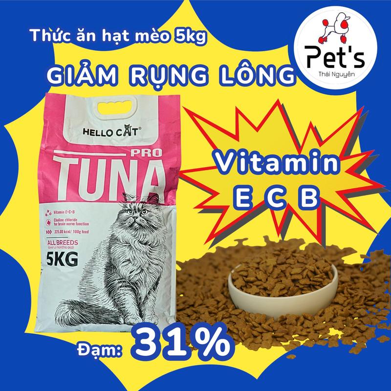 Tăng Cân Hello Cat Pro Tuna 5kg - Thức ăn hạt khô cho mèo túi 5kg - Giảm rụng lông - Vitamin E C B - Đạm 31% - Nhập khẩu Thái Lan