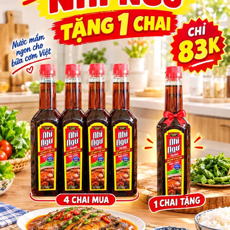mua 4 tặng 1 chai nước mắn NHĨ NGƯ 750ml tiết kiệm chi phí, đậm đà vị cá cơm với giá ưu đãi tại nhà máy. Sản phẩm đạt chất lượng HACP