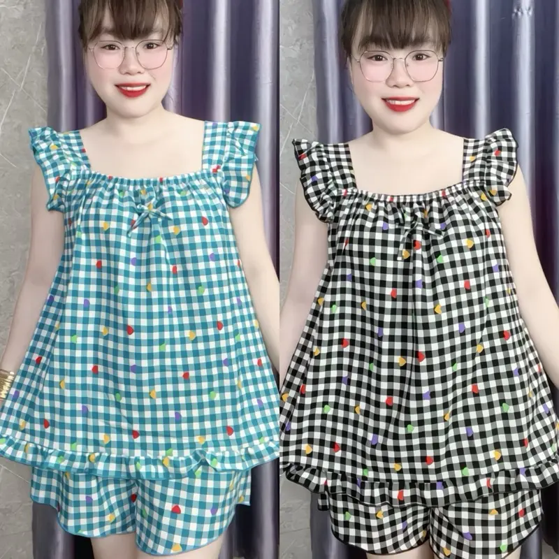 (40-85kg CÓ TÚI) BỘ LỤA 100D CÁNH TIÊN, CÓ BO CHUN CO GIÃN, VIỀN ÁO BÈO, HOẠ TIẾT CARO, DÀNH CHO NỮ