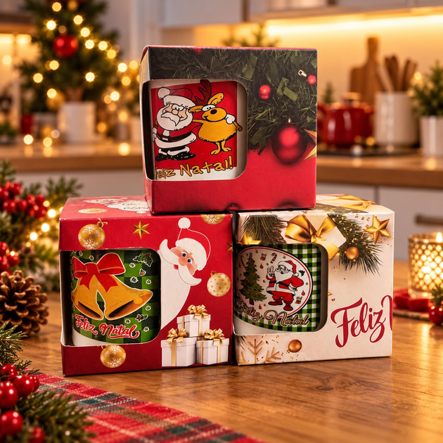 Kit 3 Canecas de Natal para Presente em Material Polimérico Resistente com Caixa | Caneca Natalina Feliz Natal estampas sortida