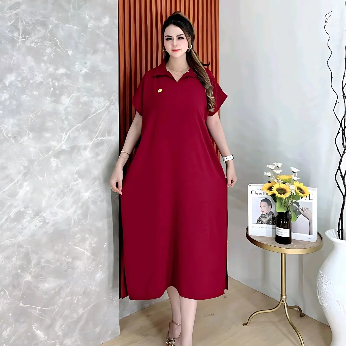 Daster Aletha Bahan Crinkle Airflow Dress Wanita Buat Bumil Pakai Kerah Ukuran Panjang Kain Lembut Tebal Nyaman Busui Lengan