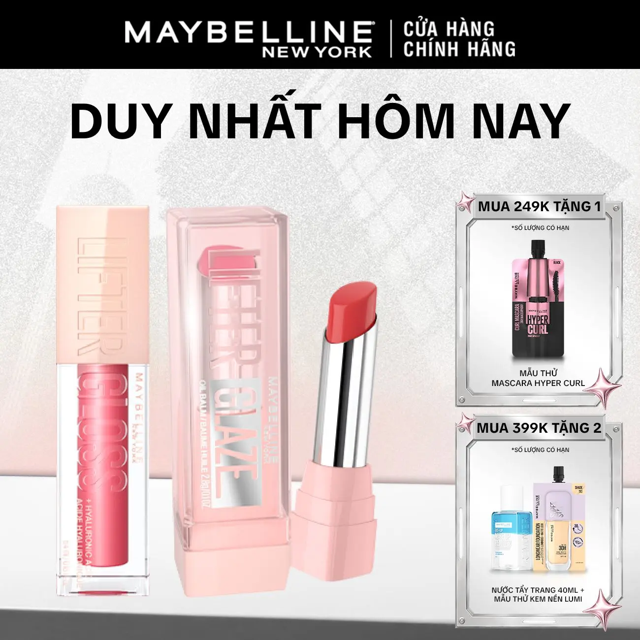Bộ Son Bóng Lifter Gloss cho Đôi Môi Đầy Căng Mọng Kẹo và Son bóng dưỡng Maybelline New York Lifter Glaze cho môi mềm ẩm mướt, mọng thạch Cherry