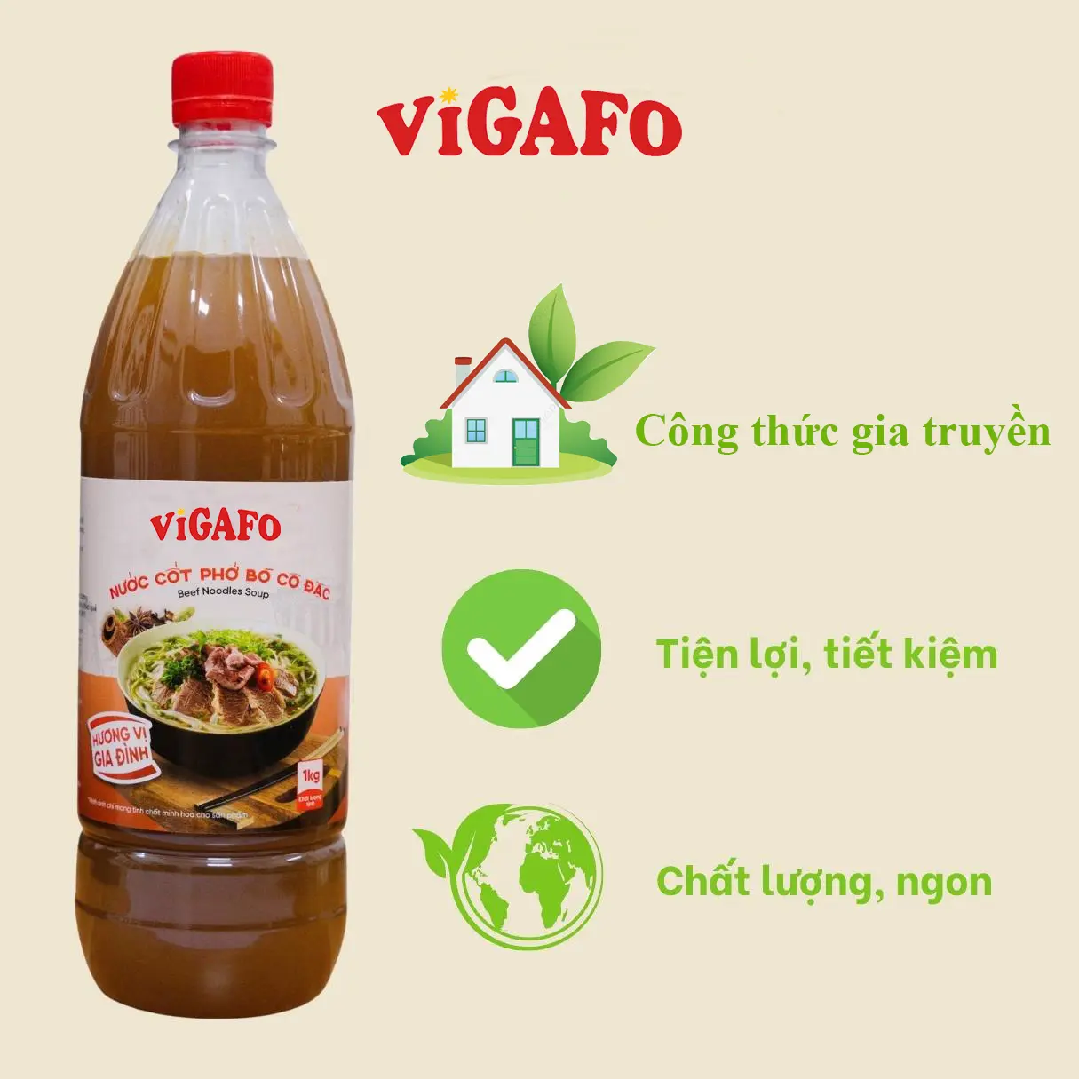 Nước Cốt Phở Bò cô đặc Vị Gia thương hiệu VIGAFO 1kg, thơm ngon chuẩn vị, an toàn, tiết kiệm. Vị Gia Food Nước Sốt Gia Vị nuoccot  pho