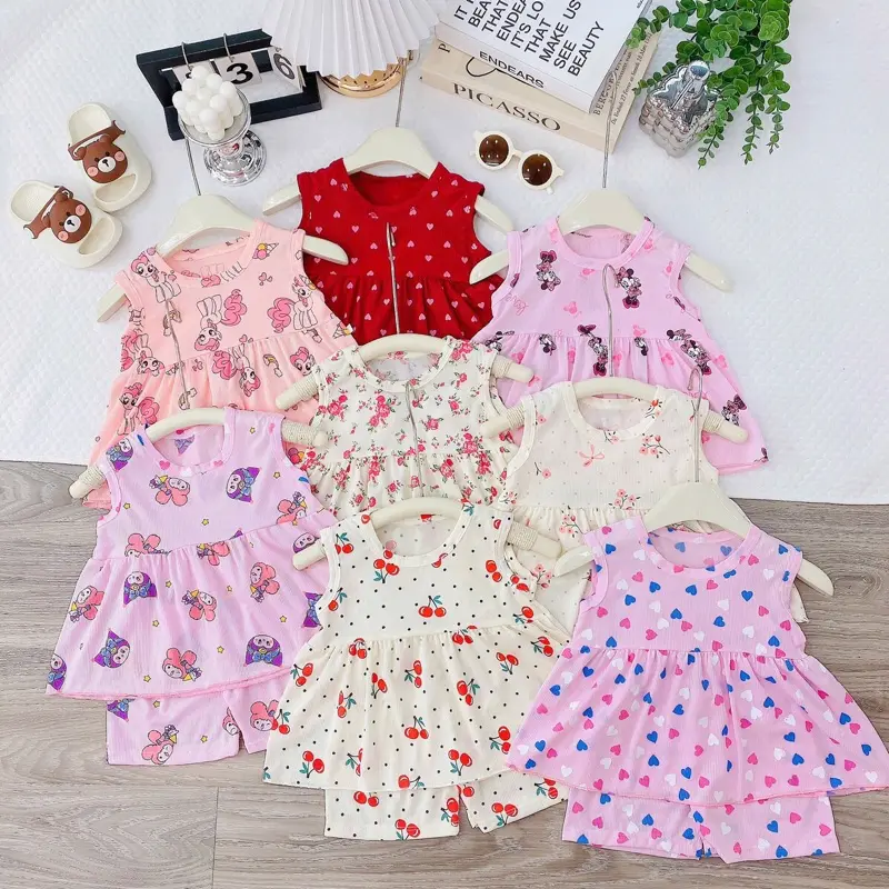 Bộ ngắn kiểu váy Chất vải thun tăm lạnh mềm mát cho bé gái mặt hè bé 6 đến 14 ký vừa