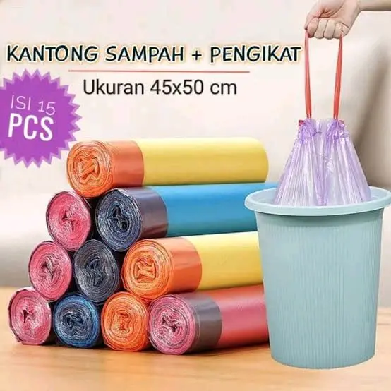[1 ROLL] Kantong Plastik Sampah Roll Ukuran 45x50Cm Dengan Tali Pengikat Isi 15 Lembar / Tas Kresek Sampah Dapur Gulung Serbaguna Sekali Pakai