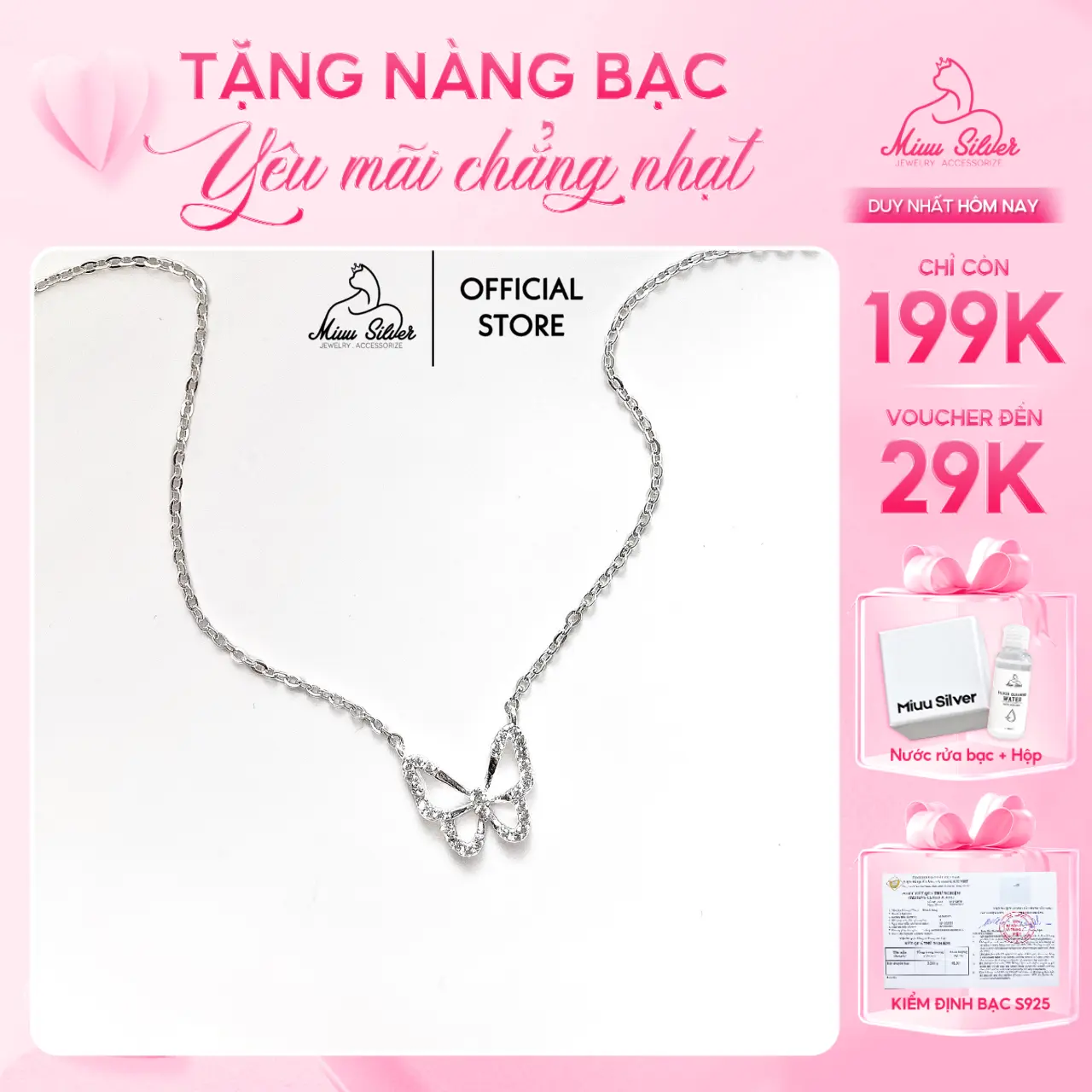[Tặng 1 nước rửa bạc] Dây chuyền bạc nữ Miuu Silver, vòng cổ bạc mặt hồ điệp xinh xắn Butterfly Necklace