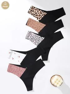 5 piezas de tangas sexis en forma de V, ropa interior femenina sin costuras con estampado de leopardo, adecuados para el trabajo diario, actividades de ocio y uso en todas las estaciones.