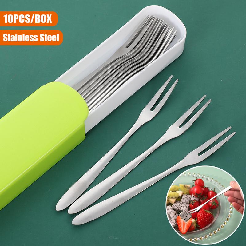 Bộ Nĩa Hai Lằn Bằng Thép Không Gỉ, 10 Cái / hộp, Thích Hợp Cho Trái Cây Và Đồ Ăn Nhẹ, Sử Dụng Nhiều Lần, Nĩa Tráng Miệng Bánh Ngọt, Bộ Đồ Ăn Gia Đình, Bộ Nĩa