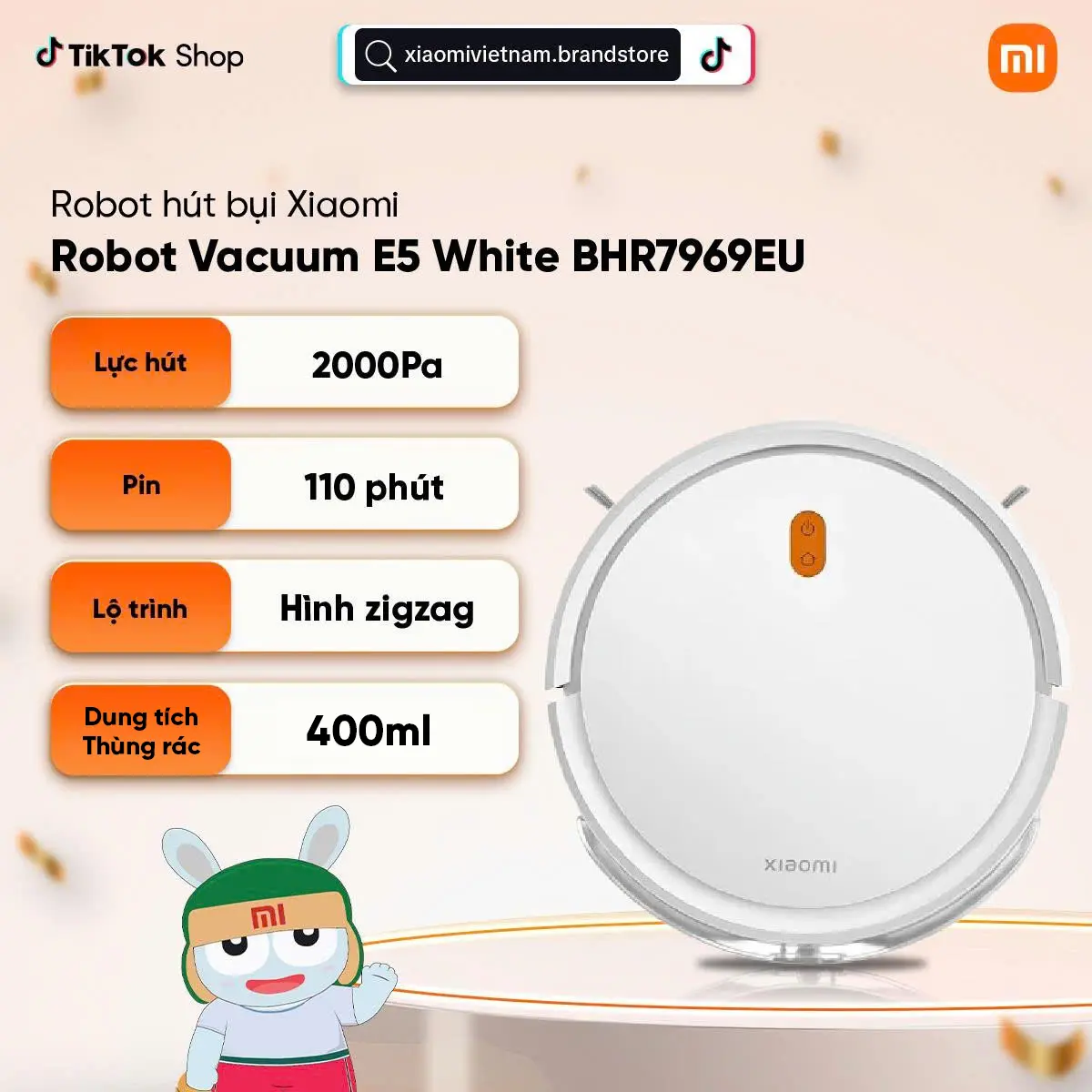 Xiaomi Vacuum E5 BHR7969EU/ BHR7969EU Robot hút bụi lau nhà | Trắng/Đen | Lực hút 2000Pa | Ba cấp độ hút giúp làm sạch sâu lông/tóc và bụi bẩn