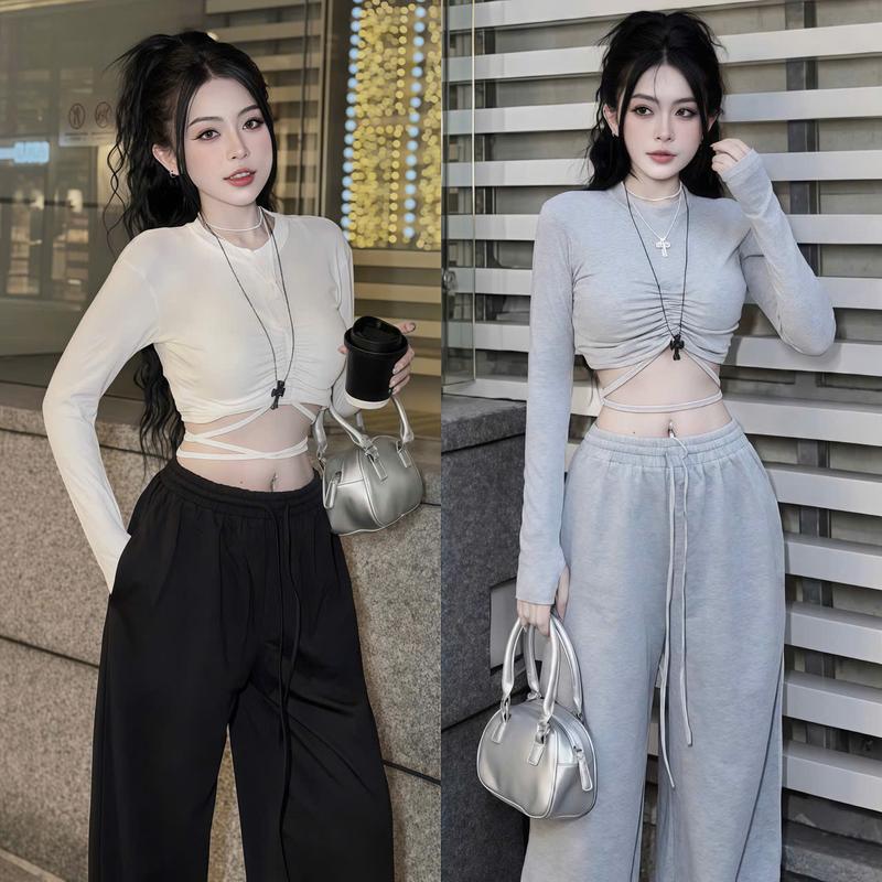  Set đồ nữ chất tăm lạnh áo tay dài cổ trờ dây cột rút eo phối quần ống rộng cá tính trẻ trung năng động phù hợp cho các nàng diện đi chơi đi cà phê 