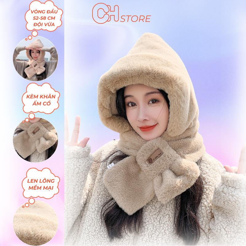 Mũ lông chùm đầu kèm khăn cổ giữ ấm mùa đông chất liệu dày dặn