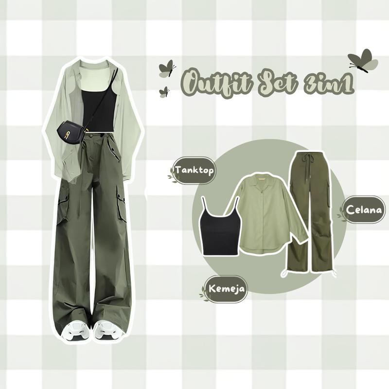 Oneset 3 in 1 Ootd Wanita Hijab Korean Style ( Kemeja Sage Green Celana Cargo Outfitset ) - AH43 Setelan Basic Casual Kombinasi Katun Panjang Loose Rayon Baju Formal Tangan Atasan Pendek Hitam Oversize 1