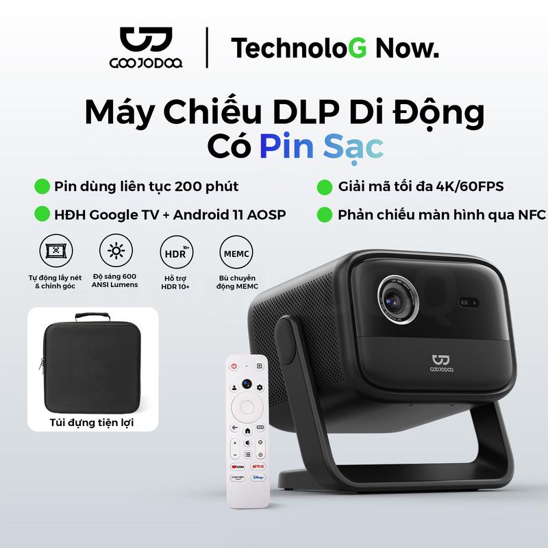 Máy Chiếu DLP Di Động Có Pin Sạc - Pin Dùng Liên Tục 200p - Giải Mã Tối Đa 4K/60FPS - HĐH Google TV + Android 11 AOSP - Phản chiếu màn hình qua NFC