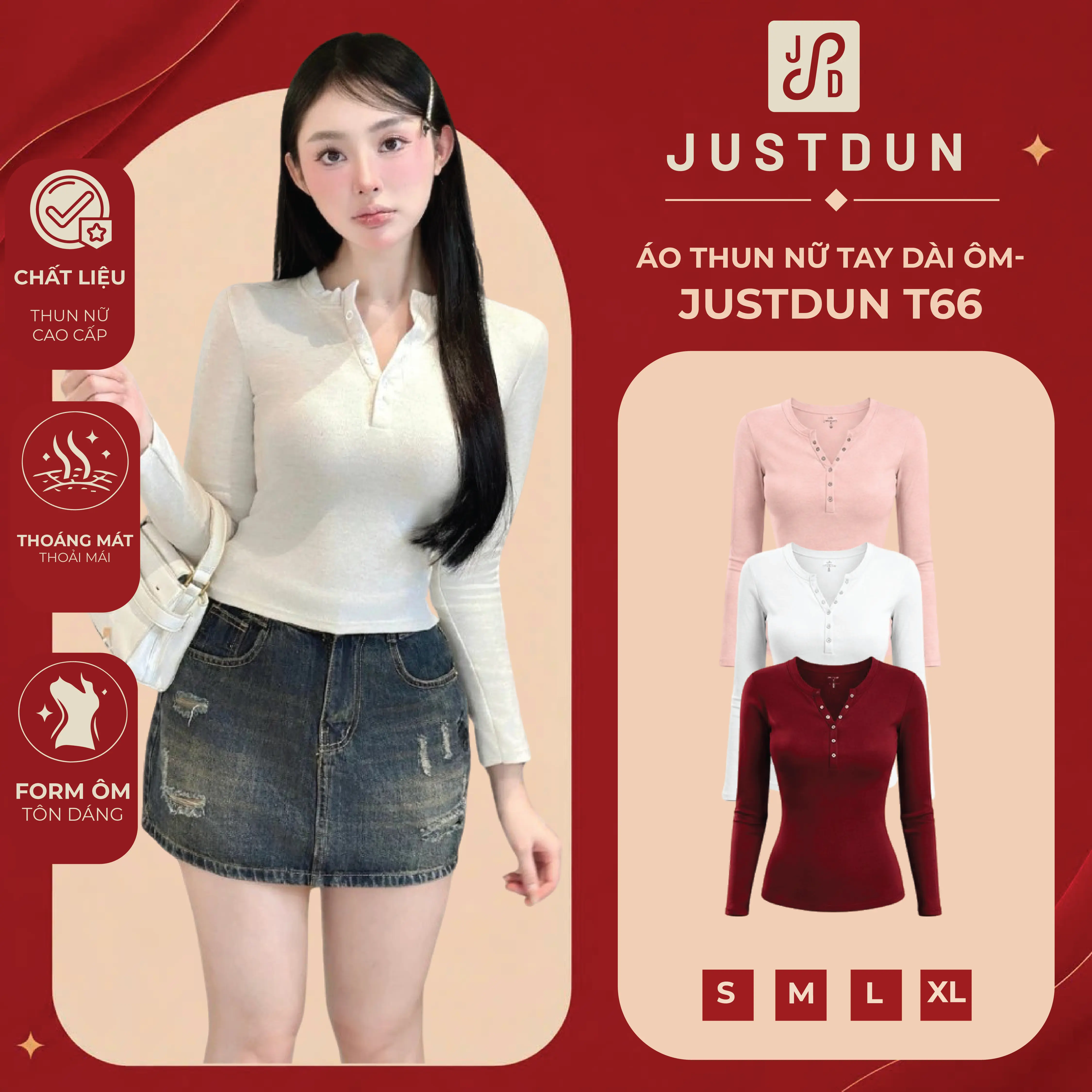 [ DEAL XẢ KHO ] Áo Thun Nữ Tay Dài Ôm Body JUSTDUN T66 - Chất Len Tăm Lông Thỏ, Co Giãn 4 Chiều, Giữ Ấm Mềm Mịn