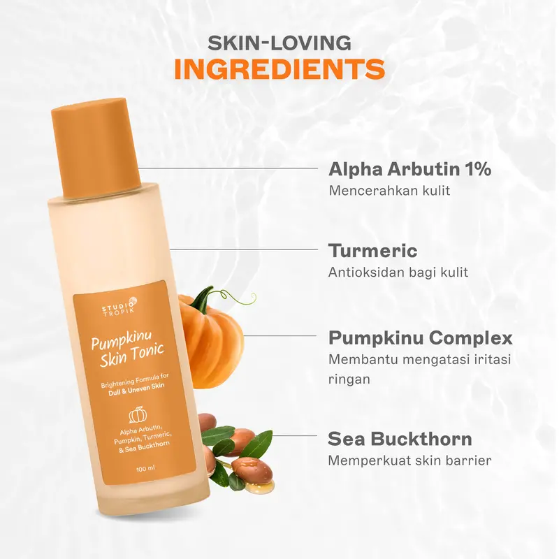 STUDIO TROPIK Pumpkinu Skin Tonic - Toner untuk mencerahkan/brightening kulit kusam | Flek hitam dan bekas jerawat pudar | Mengandung Alpha Arbutin, Pumpkin Extract dan Sea Buckthorn 4