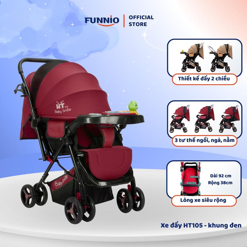 Xe đẩy 2 chiều HT 105 khung đen 3 tư thế ngồi ngả nằm cho bé từ sơ sinh thiết kế khung thép carbon chắc chắn