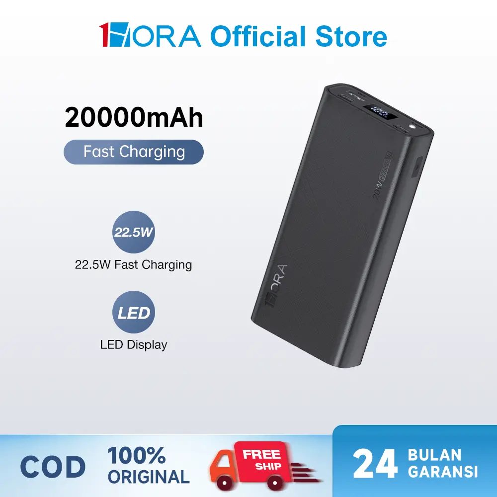 1HORA Powerbank GAR158 20000mAh 22.5W Fast Charging Dual Input 3 Output Slim Digital Display Original Hitam