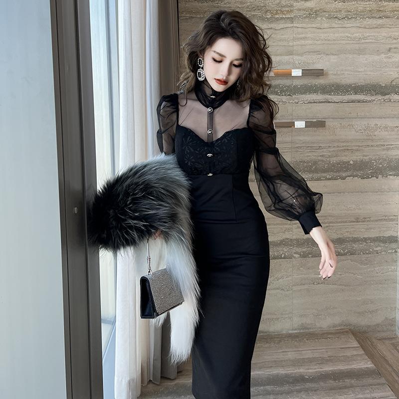 ZR-10202 Váy Dài Trung Bình  (S_XL), Váy Bên Trong Gợi Cảm, Hàng Mới Về, Phong Cách Người Nổi Tiếng, Chất Liệu Lưới, Cổ Cao, Tay bồng, Thích Hợp Mặc Thường Ngày Nữ Women Dress Khuy Đen váy  vibe  sang  chảnh váy  tầng  dài hoa nhí dáng