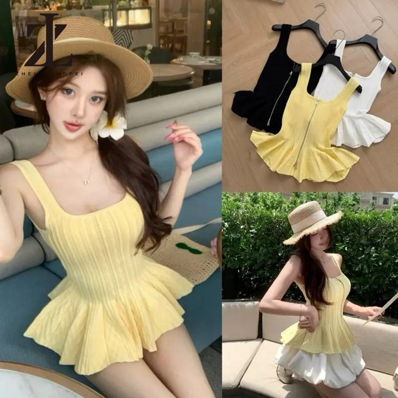 Áo Len 2 Dây Bản To Peplum Khoá Kéo Cổ Chữ U Ôm Eo Xoè Tà Tông Màu Sành Điệu New Summer 2O25