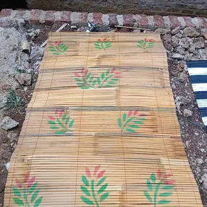 kerey bambu guling/kuning motif bunga daun hijau pucuk merah