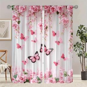 Set de 2 Piezas de Cortinas con Estampado de Mariposas Florales, Semitransparentes, Impresión Digital de Alta Definición, Resistentes al Desvanecimiento, Fáciles de Cuidar, Estilo Moderno