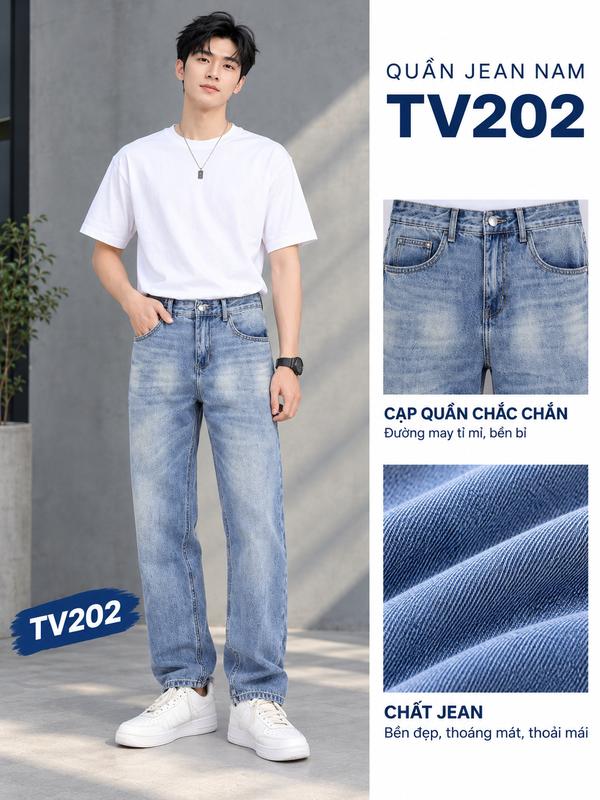 Quần Jean Ống Suông Nam TV202 Xanh Retro. Chất Liệu Cotton Denim Cao Cấp Form Chuẩn Dễ Phối Đồ Size 28-34 Phù Hợp 45-80KG