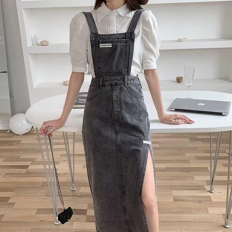 {FF-JP008] Jumpsuit Rok Denim Wanita Belah Samping Overall Skirt Denim ...