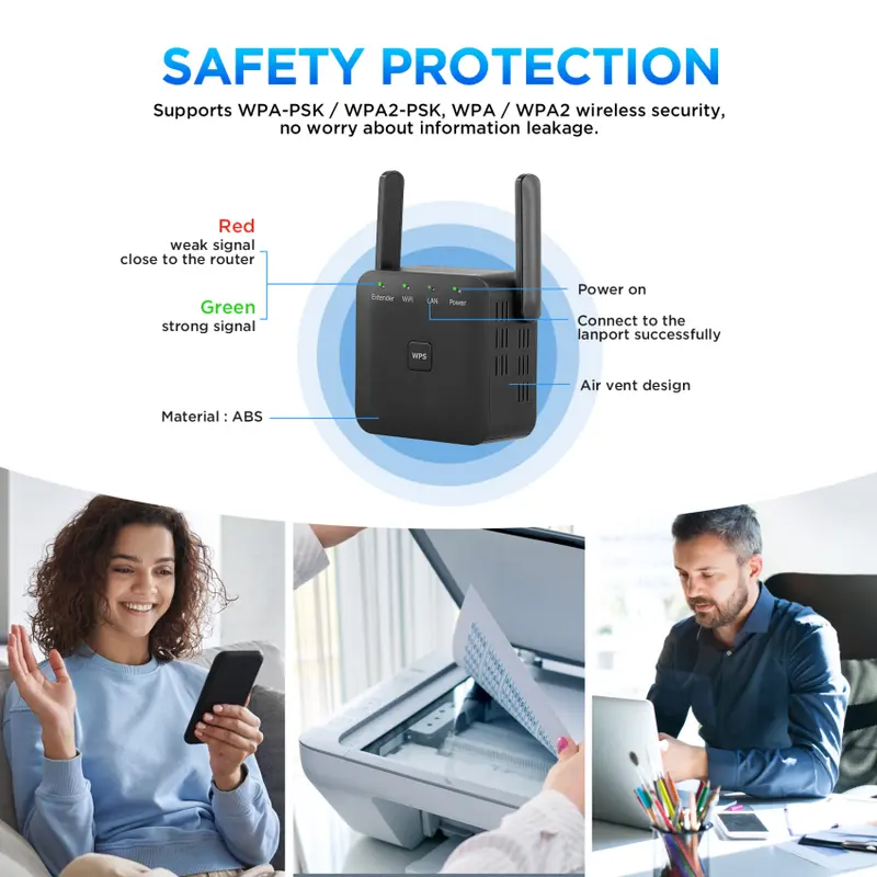 Bộ tăng cường mở rộng WiFi cho gia đình, Bộ tăng cường WiFi 1200Mbps 5GHz & 2.4GHz để mở rộng phạm vi kết nối Internet WiFi, Hỗ trợ bộ lặp / AP / Bộ định tuyến / Chế độ với 4 ăng-ten, C001 4