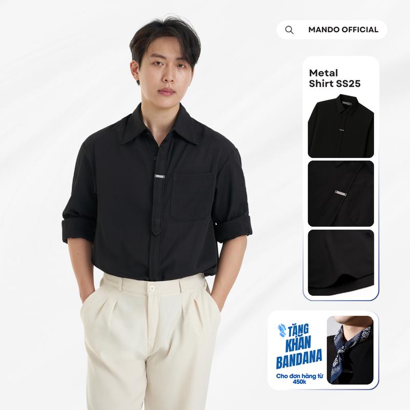 Áo Sơ Mi Metal-Shirt Giấu Cúc Tag Logo Kim Loại Oversized MANDO Menswear SHT032
