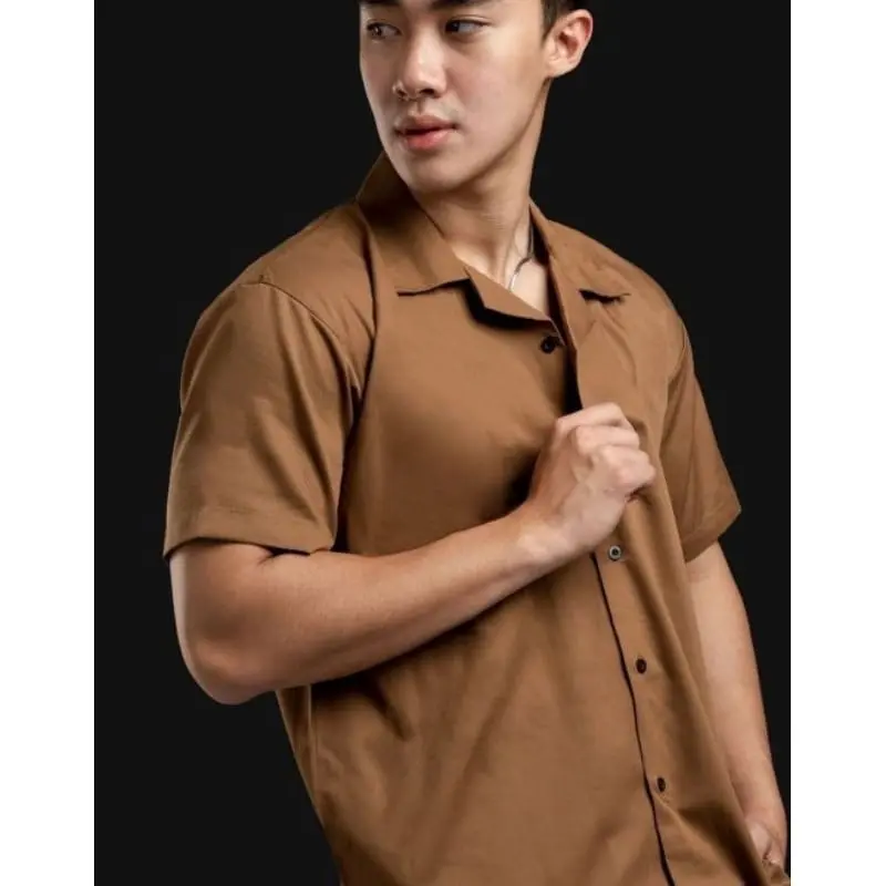 ￼Kemeja Polos Vintage/Kemeja Pria Lengan Pendek/Kemeja Pantai/Kemeja casual katun nyaman panjang santai rayon Simple  /Kemeja vintage viral Simple basic 1