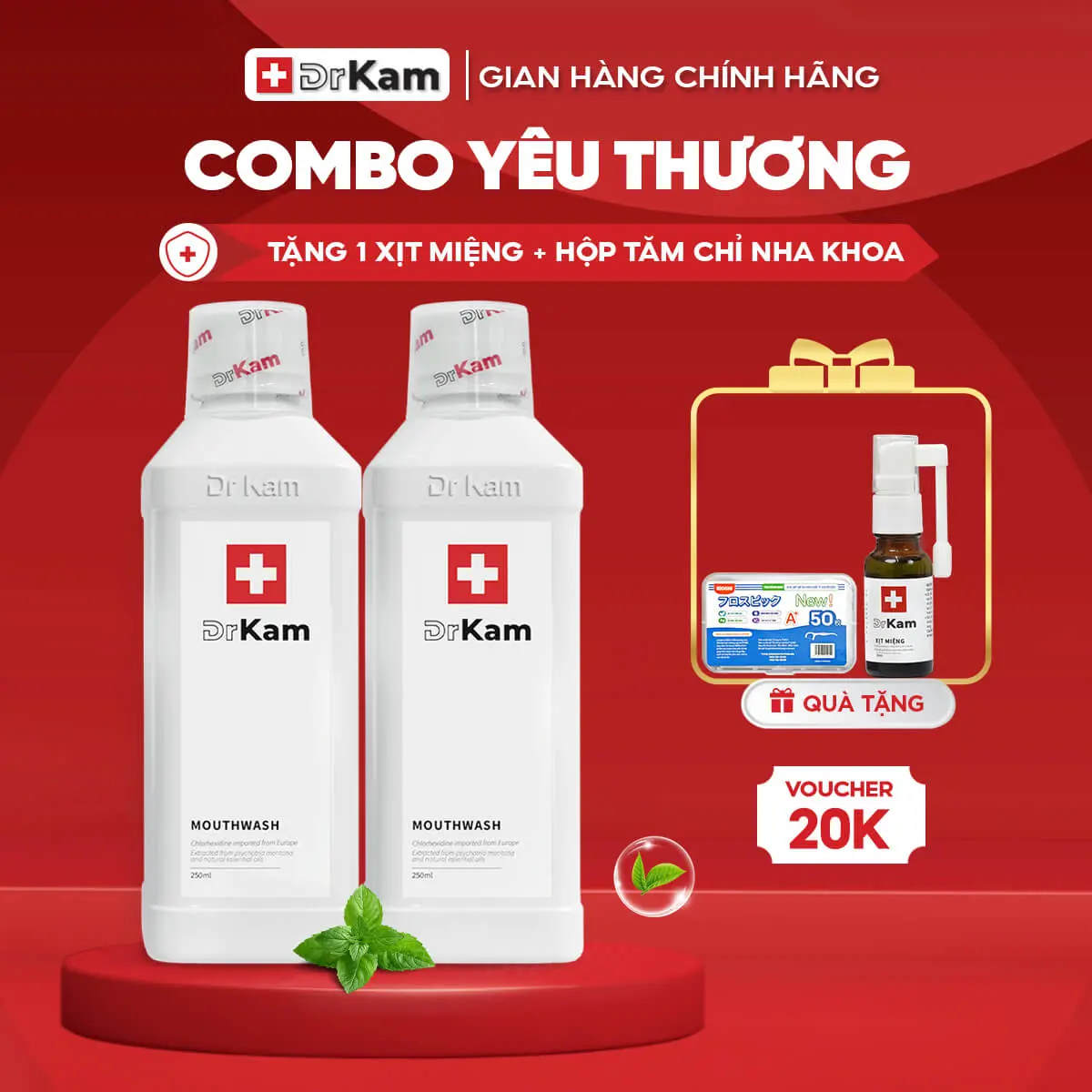 [COMBO SIÊU TIẾT KIỆM] Combo 2.Nước súc miệng chuẩn y khoa DrKam - khử hôi miệng, giảm viêm nướu. Tặng 1 xịt miệng, tăm chỉ nha khoa.