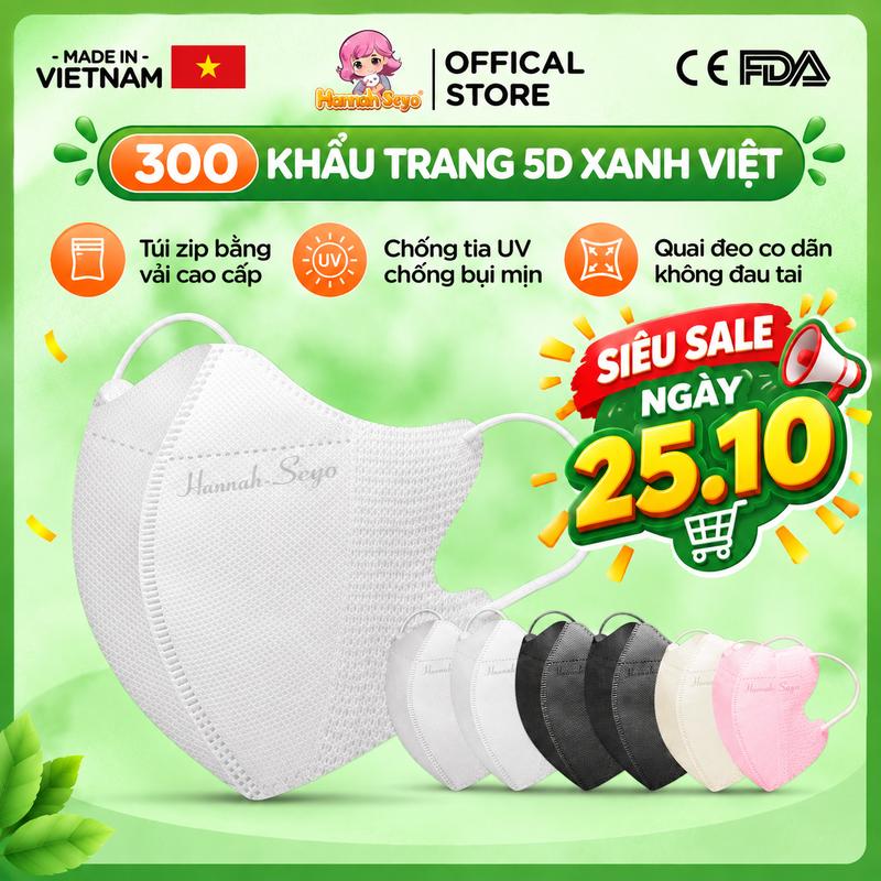 Thùng 100c-300c Khẩu Trang 5D 3 Lớp Chống Tia UV Bụi Mịn 3 Lớp Cao Cấp Xanh Việt Hannah Seyo