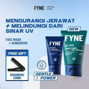 FYNE [PAKET HEMAT 2IN1] Sabun Cuci Muka Pria Acne Care & Sunscreen Anti Jerawat - Paket Muka Glowing Tanpa Minyak (FW 100ml + SS 30ml) dengan Cica Madagascar