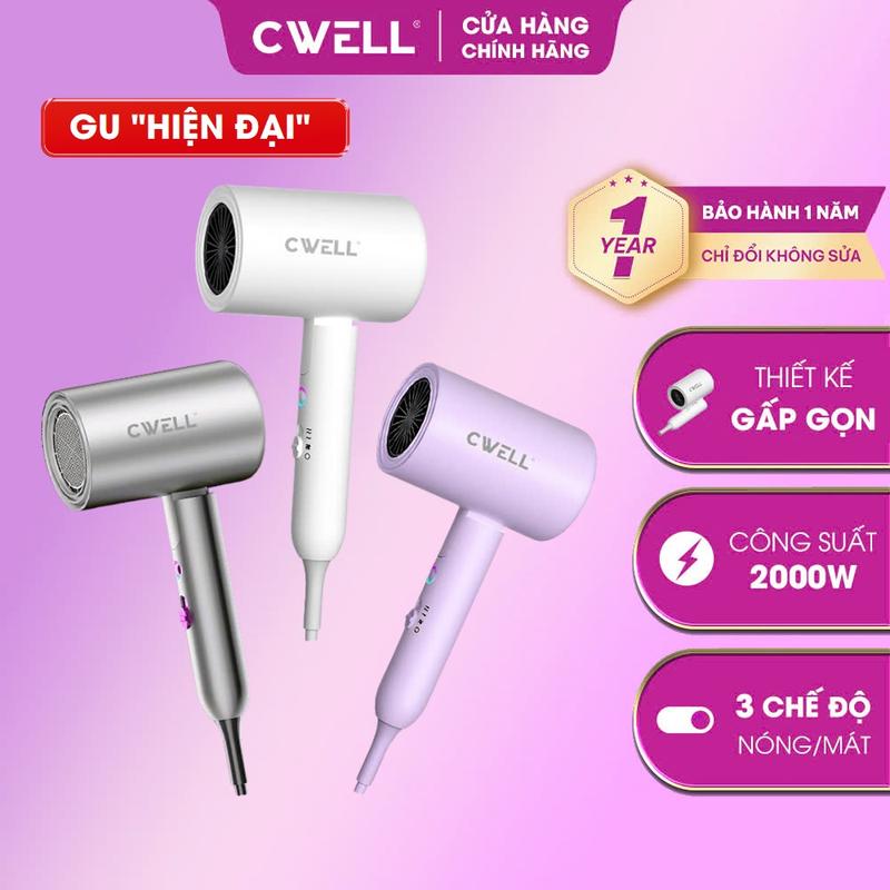 Máy sấy tóc gấp gọn CWELL C12 với 3 chế độ sấy LED công suất lớn 2000W 2 chiều nóng lạnh kiểu dáng thời trang