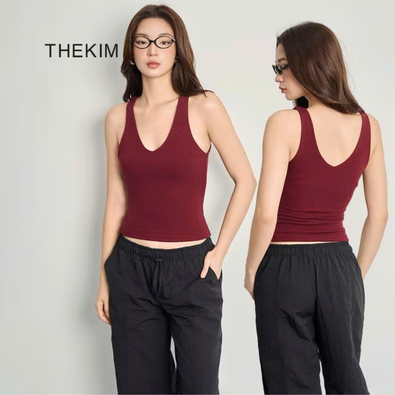 THEKIM Áo sát nách cổ tim sâu có mút ngực Áo ba lỗ cổ tim vải zip tăm 2 lớp T283